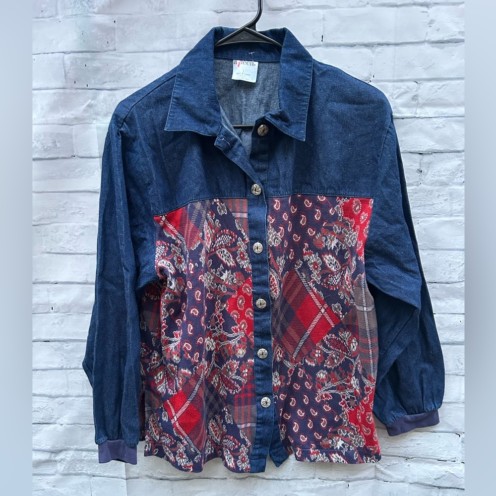 VTG Aileen L denim patchwork bandana print 90’s shirt jacket shacket tapestry